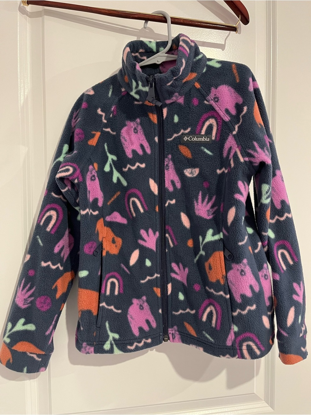 Columbia Kids Navy Fleece Jacket with Pink, Orange & Mint Pattern